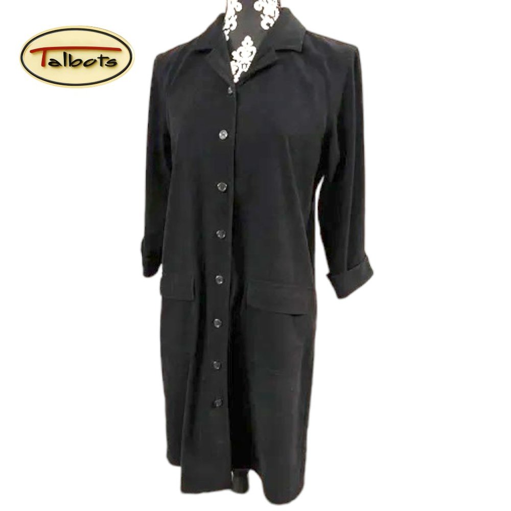 Talbots Black Button Front Shirt Dress Midi Length Velveteen Fabric